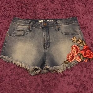 Denim Flower Embroidered Shorts